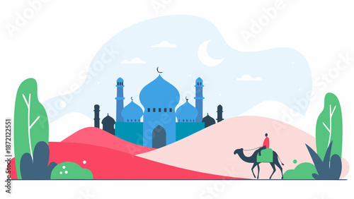 Illustrated mosque and camel in desert landscape, isolated on white background isolated on white background, Vector