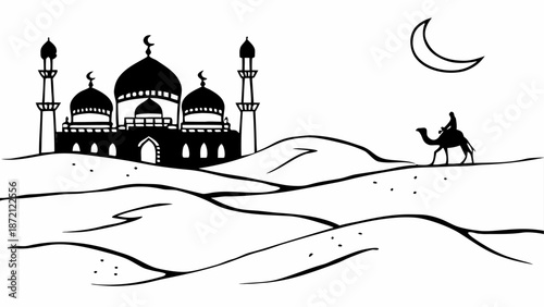 Illustration of a mosque and camel in desert landscape, isolated on white background isolated on white background, Vector