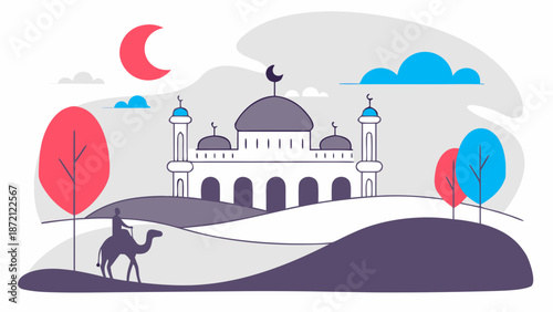 Illustrated mosque with camel isolated on white background isolated on white background, Vector