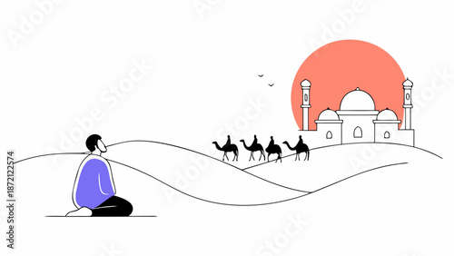 Person in prayer pose with camels and mosque, isolated on white background isolated on white background, Vector