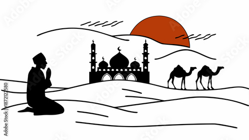 Desert scene with mosque and camel, isolated on white background isolated on white background, Vector
