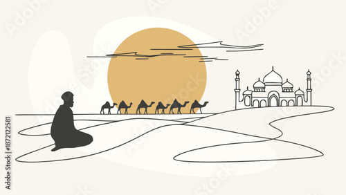 Desert caravan with mosque and sun, isolated on white background isolated on white background, Vector