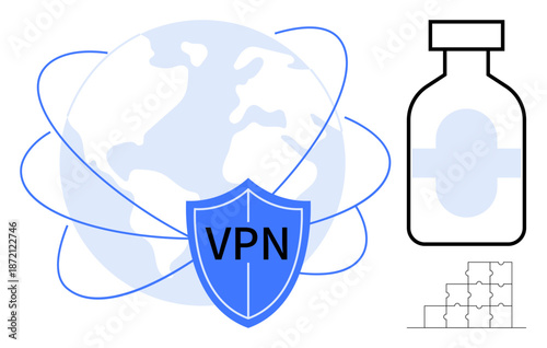 VPN concept. VPN ensures secure browsing, data privacy, and global connection. VPN overlays reinforce online security practices. Use for cybersecurity, health tech, remote work, online privacy