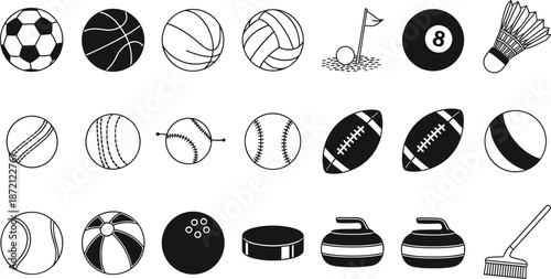 Black and white sports equipment icons set including soccer basketball tennis golf football baseball hockey puck curling stone and shuttlecock vector