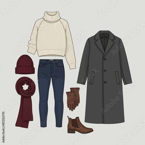Cozy Winter Fashion Ensemble with Stylish Outerwear and Accessories.