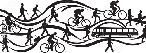 People walking and cycling with a bus on the road