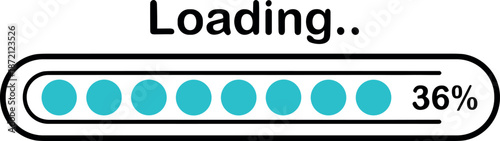 Vector illustration of a modern progress loading bar at 36 percent with cyan circular segments and a thin minimalist black frame isolated on white background.