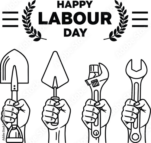 Labour day celebration with hands holding various work tools and a laurel wreath  labour day