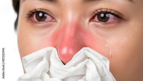 A close-up of a woman's face shows her blowing her nose with a tissue due to sickness.