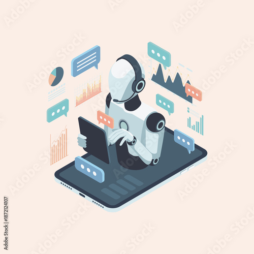 AI chatbot with headphones on a smartphone, surrounded by data charts and chat bubbles, representing digital assistance and communication