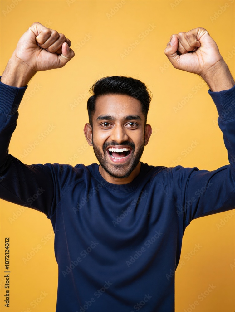 Fototapeta premium A joyful man with a big smile raises his fists in celebration against a bright yellow background. Happiness and achievement.