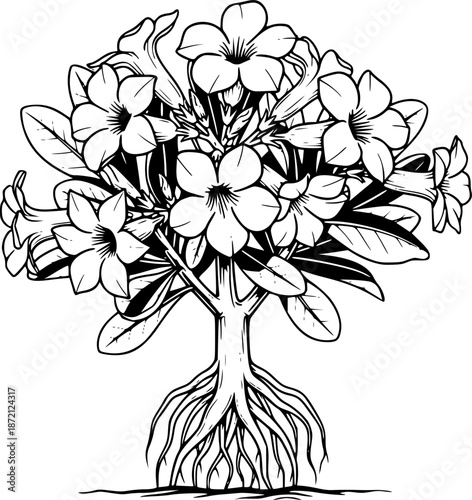 Desert Rose Plant with Multiple Blooms and Foliage for Botanical Study, Gardening, and Nature Illustration – Black and White Vector Illustration
