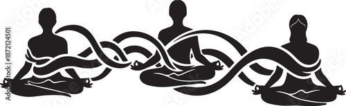 Three people meditating in harmony with intertwined infinity symbol