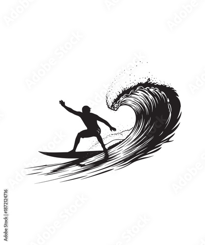 Silhouette of a surfer riding a large ocean wave, dynamic action shot, representing extreme sports and summer fun.