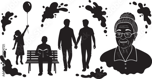 Diverse Family Silhouettes with Black Paint Splatters