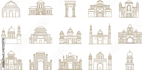 Collection of historical landmark buildings and palace architectural line art featuring domes, arches, monuments, and mosques cad drawing flat vector illustration