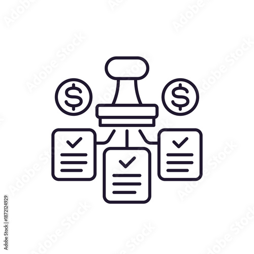 Bills and stamp line icon on white
