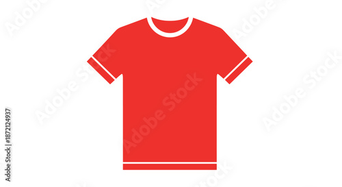 Simple red t-shirt icon with white trim on the collar and sleeves representing casual fashion and basic everyday apparel for men or women.