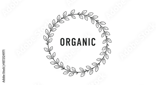 Simple botanical logo with the word organic placed in the center of a hand drawn circular frame made of small leaves and branches.