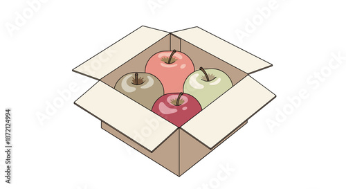 Four fresh apples of different varieties and colors arranged neatly inside an open square cardboard box ready for delivery or storage.
