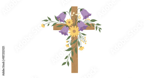 Elegant wooden cross adorned with beautiful purple bellflowers and yellow daisies for religious and memorial themes on a white background.