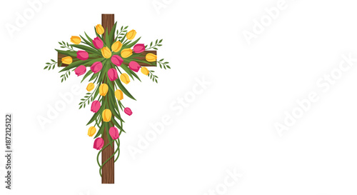 Religious wooden cross decorated with a lush arrangement of vibrant pink and yellow tulips with green leaves on a plain white background.