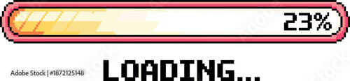 Vector illustration of a retro pixel art progress loading bar at 23 percent with a pink border and yellow diagonal stripes isolated on white background.