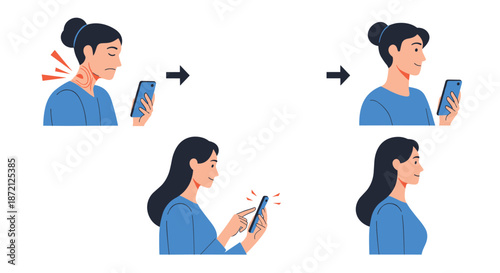 Health infographic showing the correct and incorrect neck posture when using a mobile phone to prevent pain and maintain a healthy spine alignment.