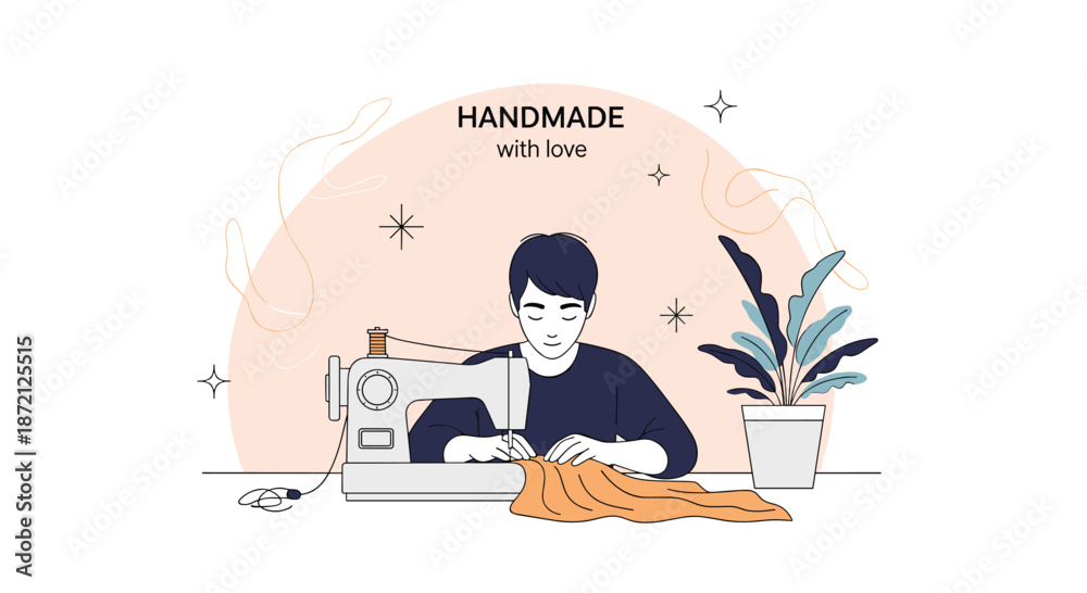 Fototapeta premium Focused young man using an electric sewing machine to stitch orange fabric on a workbench with a potted plant on a soft pink circular background.