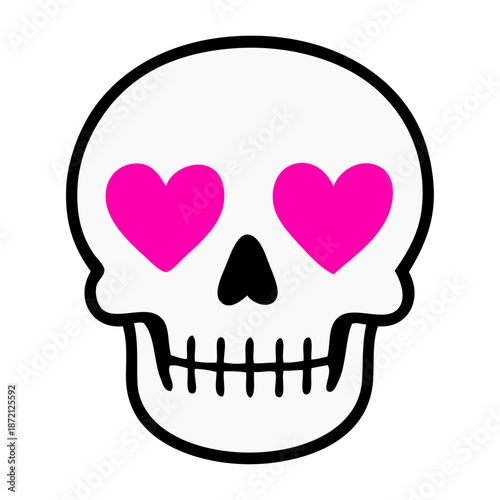 Dibujo sencillo de calavera con ojos en forma de corazón para tarjetas y felicitaciones de San Valentín o del Día de los Muertos 