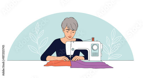 Woman with short grey hair focusing on her sewing project using a modern white electric sewing machine on a clean surface.