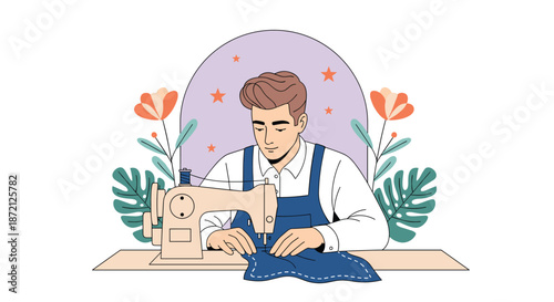 Professional tailor working on a sewing machine with blue denim fabric surrounded by a creative floral and starry background.