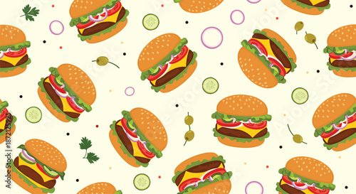 Appetizing seamless pattern of delicious cheeseburgers with fresh toppings, red onion rings, and olives on a cream background.