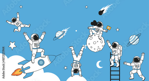 Playful scene of multiple astronauts in white space suits having fun, floating, and exploring a bright blue cosmic environment.