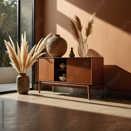 Modern Living Room Interior With Wooden Sideboard, Pampas Grass and Warm Earth Tone Wall. Minimalist Home Decor With Wooden Cabinet, Neutral Vases and Pampas Grass in Cozy Interior