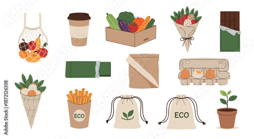 Large collection of eco friendly items including reusable bags, organic produce, coffee cups, and potted plants for sustainable living.