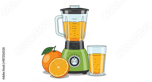 Green kitchen blender filled with fresh orange juice, accompanied by whole and sliced oranges and a full glass on the side.