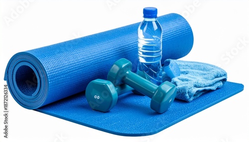 Neatly arranged home workout gear on blue exercise mat including dumbbells, towel, and water bottle