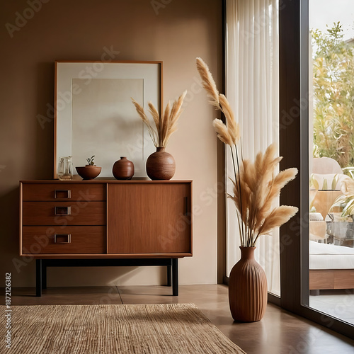 Modern Living Room Interior With Wooden Sideboard, Pampas Grass and Warm Earth Tone Wall. Minimalist Home Decor With Wooden Cabinet, Neutral Vases and Pampas Grass in Cozy Interior