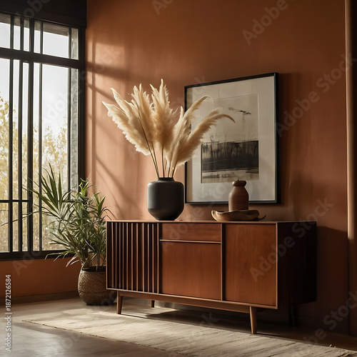 Modern Living Room Interior With Wooden Sideboard, Pampas Grass and Warm Earth Tone Wall. Minimalist Home Decor With Wooden Cabinet, Neutral Vases and Pampas Grass in Cozy Interior