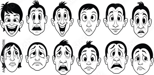 Holi day icon set of diverse cartoon faces and emotions
