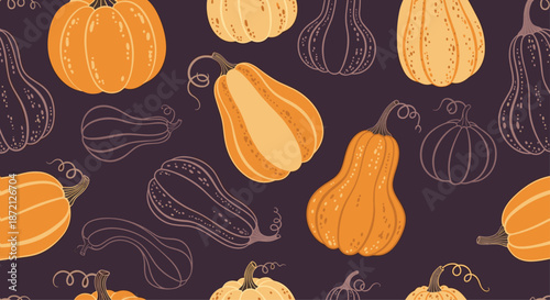 Seamless vector pattern featuring various hand drawn orange and yellow pumpkins on a dark purple background for autumn and halloween themes.