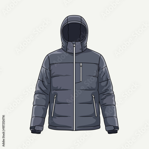 Puffer Jacket with Hood Isolated on White Background.