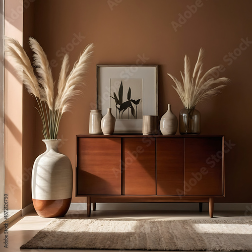 Modern Living Room Interior With Wooden Sideboard, Pampas Grass and Warm Earth Tone Wall. Minimalist Home Decor With Wooden Cabinet, Neutral Vases and Pampas Grass in Cozy Interior