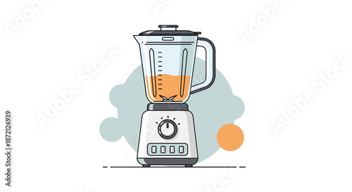 Modern electric kitchen blender filled with a freshly made orange fruit smoothie or juice against a light blue abstract background element.