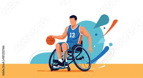 Determined athlete playing wheelchair basketball while dribbling a ball on an orange court with abstract blue background shapes for sports.