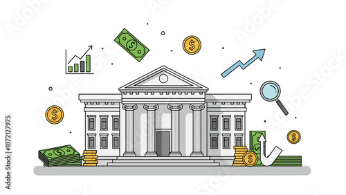 Grand bank building surrounded by floating money, coins, growth charts, and a magnifying glass, symbolizing finance and economic activity.