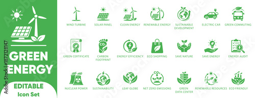 Green Energy Sustainability Renewable Solar Power Vector Icon Set