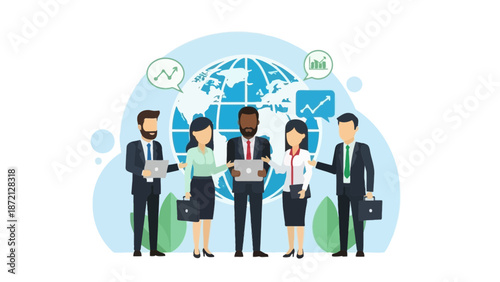 Diverse Business Team Collaborating Around Globe with Financial Charts