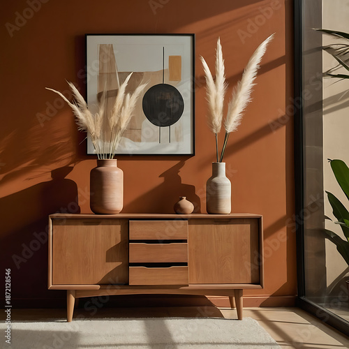 Modern Living Room Interior With Wooden Sideboard, Pampas Grass and Warm Earth Tone Wall. Minimalist Home Decor With Wooden Cabinet, Neutral Vases and Pampas Grass in Cozy Interior